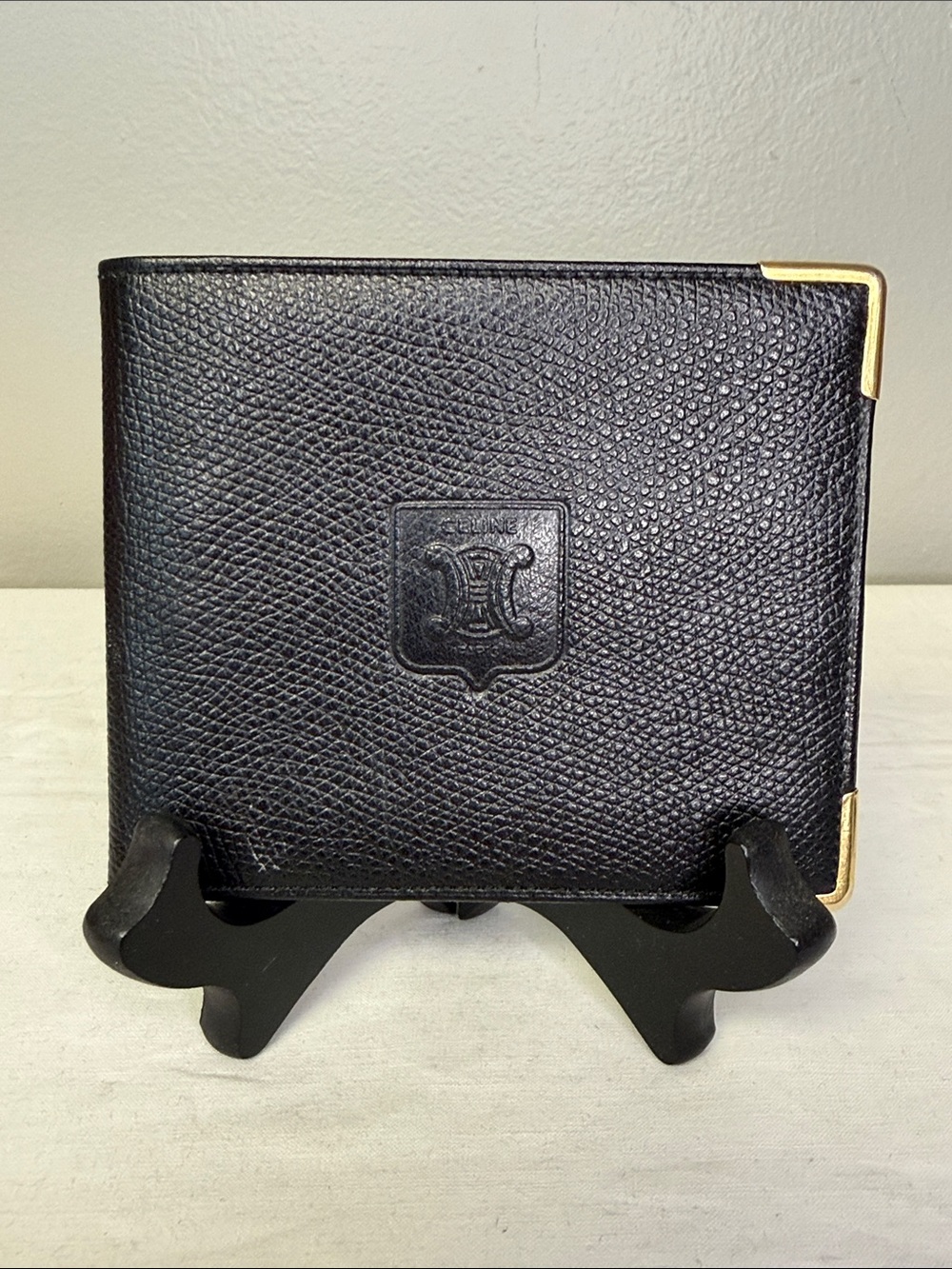 CELINE Macadam Black Leather Bifold Wallet Gold Tone Corner Hardware